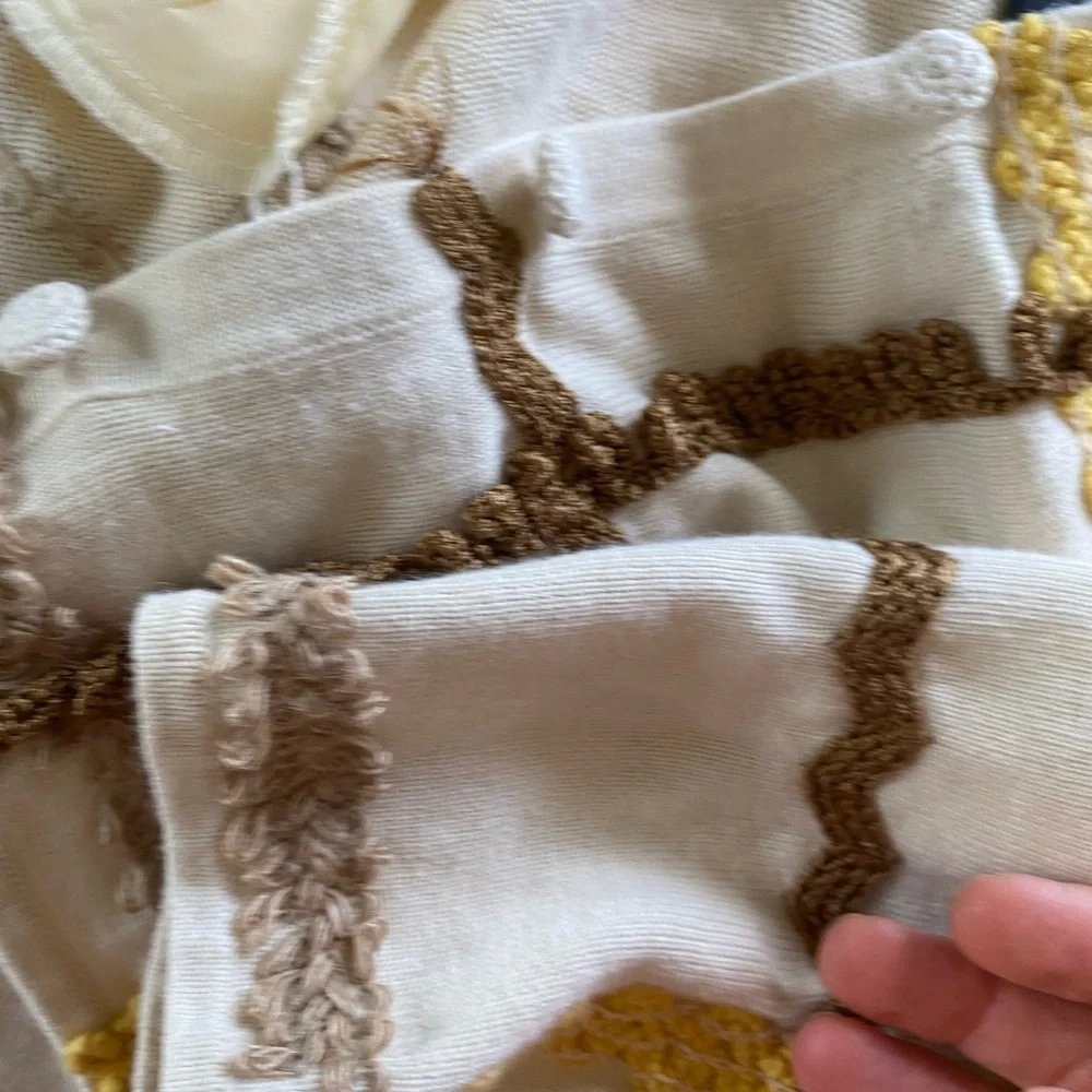 Vintage 90s Michael Simon Cream Knit Button-Front Jacket Yellow & Brown Trim
